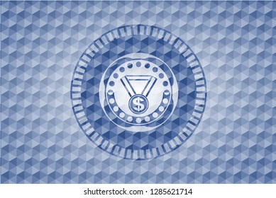 business award icon inside blue badge with geometric pattern background.