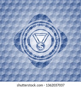 business award icon inside blue emblem or badge with geometric pattern background.