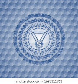 business award icon inside blue badge with geometric background.