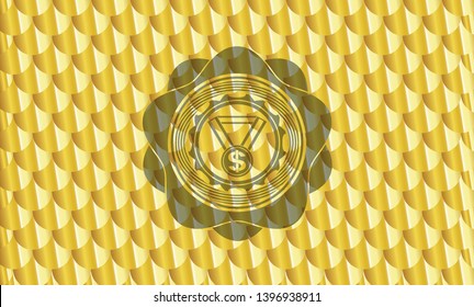 business award icon inside golden badge. Scales pattern. Vector Illustration. Detailed.