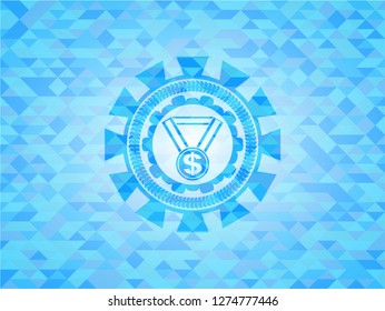 business award icon inside light blue emblem with mosaic background