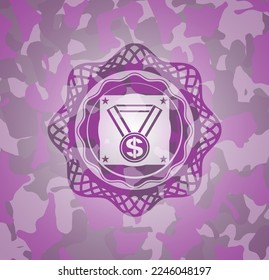 business award icon inside pink and purple camouflage texture. 