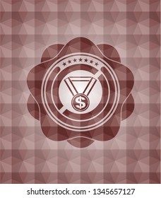 business award icon inside red seamless emblem with geometric pattern background.