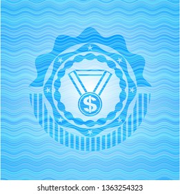 business award icon inside sky blue water wave style badge.