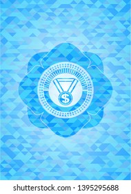 business award icon inside sky blue emblem with mosaic background