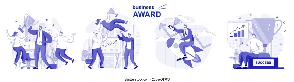 Business award isolated set in flat design. People celebrate victory, get cup, win trophies, success collection of scenes. Vector illustration for blogging, website, mobile app, promotional materials.