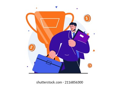 Business award modern flat concept for web banner design. Businessman gets golden cup, increases income and invests money, develops new projects. Vector illustration with isolated people scene
