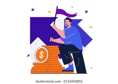 Business award modern flat concept for web banner design. Businessman holding flag and climbing to top, increase income, develop company, achieve goals. Vector illustration with isolated people scene