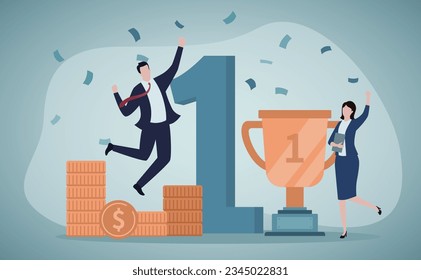 Business award. People celebrating success, achieving goals and win, set in flat design. Vector illustration for blogging, website, mobile app, promotional materials.