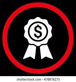 Business Award vector bicolor rounded icon. Image style is a flat icon symbol inside a circle, red and white colors, black background.