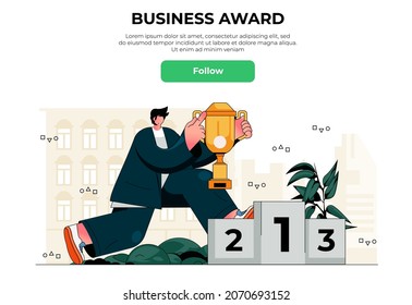 Business award web banner concept. Success businessman holding trophy cup near pedestal, winning and achieving career goals landing page template. Vector illustration with people scene in flat design