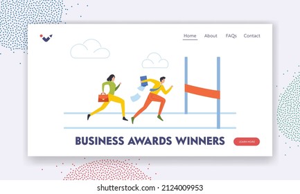 Plantilla de la página de inicio de premios empresariales para ganadores. Carrera De Carreras, Personajes De Negocios Persona A Los Escaladores Sociales En Competencia. Empresarios Corren hasta finalizar la línea, éxito. Ilustración del vector de dibujos animados