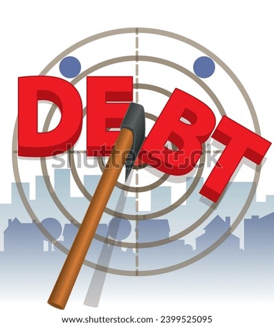 business, axe throwing, axe cutting in half personal household debt on target with houses in silhouette isolated on a white background