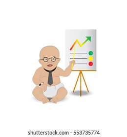 business baby in diaper shows pointer on the graph.
