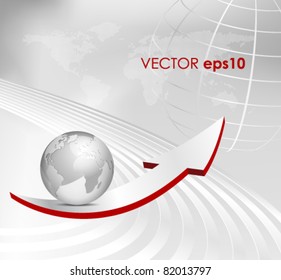 Fondo empresarial con flecha, 3d globo y mapa del mundo de puntos - plantilla de vector gris abstracto
