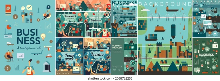 Business background. Big set. Collection of vector illustrations. Simple, flat design. Patterns and backgrounds. Perfect for poster, cover, banner.