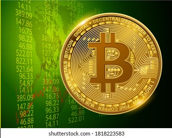 Business background with bitcoin icon and 3D finacial data diagrams, vector economical concept design