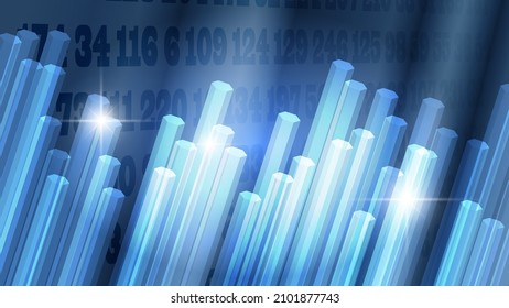 Business background in blue colors. An abstract graph made of tilted shapes, a set of random numbers, lens flares and glow. Vector.