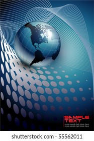 business background, blue with world globe, vector.