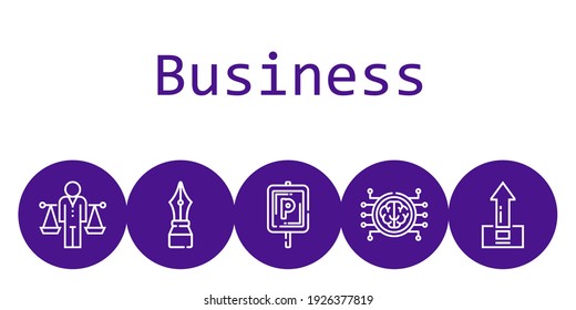 business background concept with business icons. Icons related parking, balance, upload, pen, brain