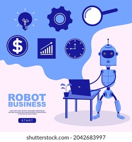Business background with cute grey robot using laptop in scandinavian childish style isolated on white background for children toys.