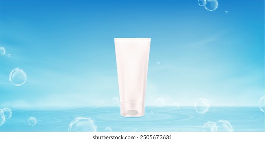 Diseño de fondo de negocios Plantilla cosmética de la publicidad del producto 3D con la burbuja en el cielo, nube por la playa del mar, Vector Mockup paquete crema hidratante del tubo en el fondo azul del agua para la presentación