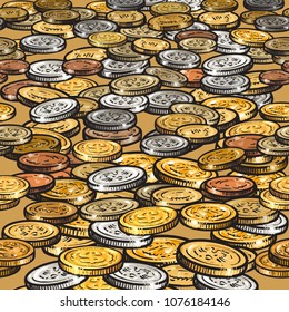 Business background with different coins. Seamless border. Metal money gold silver copper nickel on the surface in perspective. Cartoon hand drawn sketch style vector illustration.