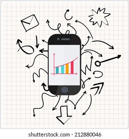 Business background with flat phone and hand drawn arrows