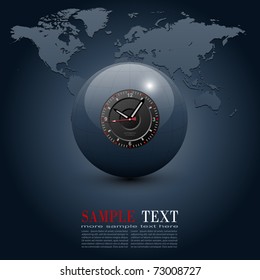 Antecedentes empresariales, globo con reloj sobre mapa mundial, vector.