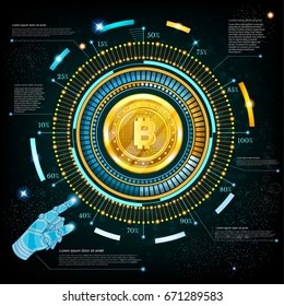 Business background with golden bit coin in center of round high tech futuristic info graphic svg
