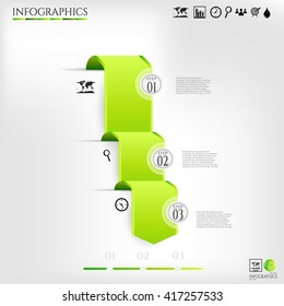 Business background with green arrow, set of three modern labels, banners with numbers and simple icons, isolated on bright background, for infographics, presentations, documents