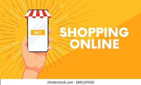 Business background with human hand and phone, shopping online mobile application vector concept marketing