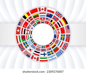 Business background with international flags button, ring with flags on white, vector business concept symbol.