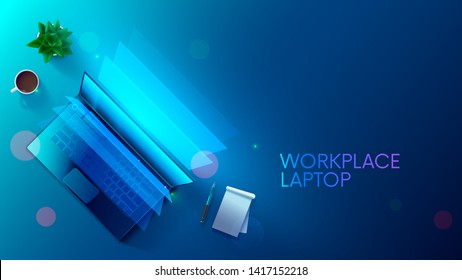 Business background with laptop on workplace top view. Computer screen lights on desk blue light. Nobody on workspace with cup coffee, flower, notepad, pencil. job place workers or freelance.