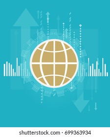 Business background made of arrows, gears, diagrams and Planet Earth sign in the middle, representing success and progress in business.