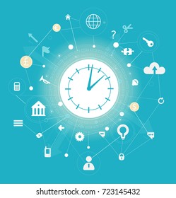 Business background made of many icons and symbols with the clock in the centre. Busy and competitive modern life concept illustration