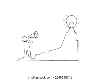 Business background with man and lamp idea. Modern vector illustration about imagination, creativity, startup.