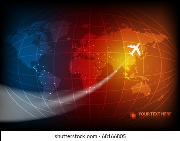 Business background with map of the world and airplane. EPS10 vector illustration.