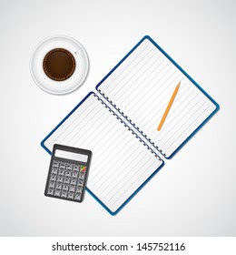 Business background. Notebook, calculator, pencil and coffee. EPS10 vector