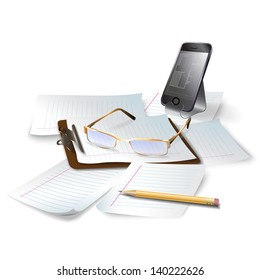 Business background with office tools and glasses. Vector illustration