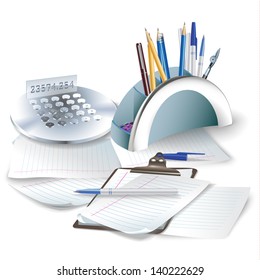 Business background with office tools and glasses. Vector illustration