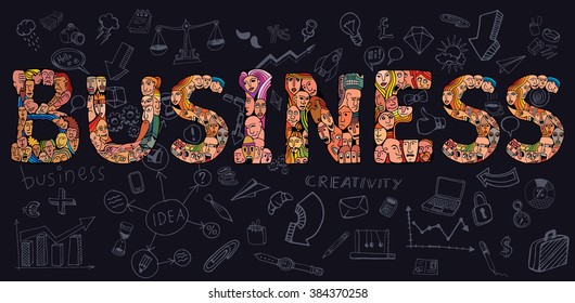 Business background. People crowd alphabet vector font. Isolated hand drawn vector illustration in cartoon style