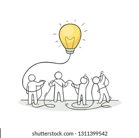 Business background with people and lamp idea. Modern vector illustration about imagination and creativity.