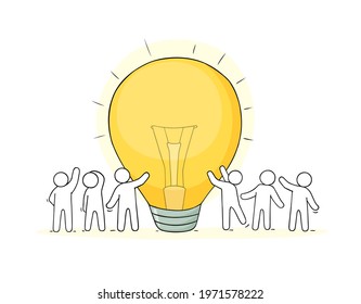 Business background with people and lamp idea. Modern vector illustration about imagination and creativity.