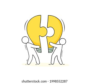 Business background with people and light bulb shaped puzzle. Modern vector with lamp idea. Cartoon illustration about imagination and creativity.