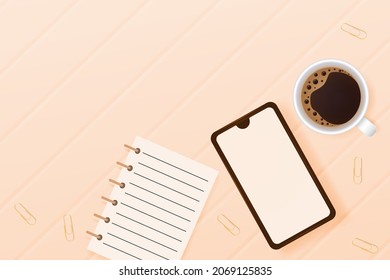 Business background with phone, notepad and coffee.