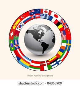 Business background, ring of flags around earth, vector