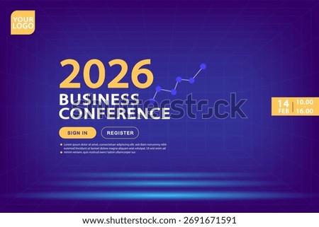 Business background with a rising line graph symbolizing financial growth and data analytics. This futuristic design is a template for a 2026 corporate conference about technology, stock market.