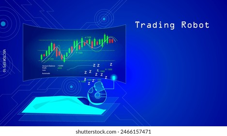 Business background. Trading robots with AI-powered algorithm efficiency and accuracy, sleep-working. Vector illustration