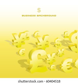 Antecedentes comerciales. Dólar vectorial, euro, yen y signos de libra.
